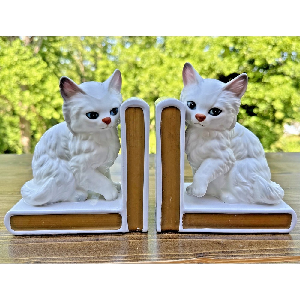 Vintage Lefton Japan White Cat Bookends Ceramic Persian Kitten Book Ends